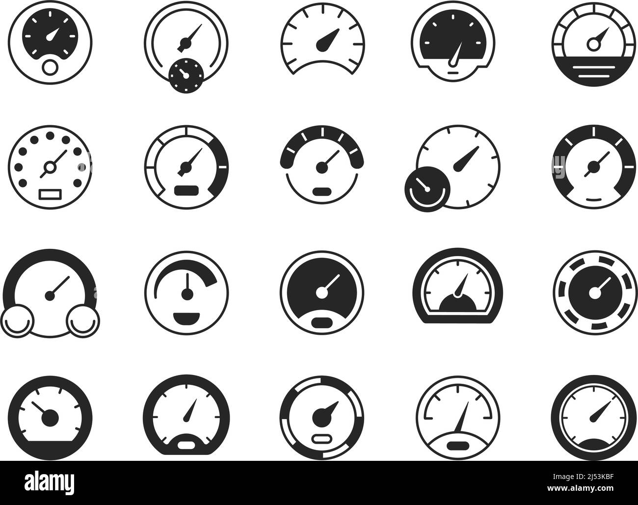 Icônes noires du compteur de vitesse. Symbole de jauge de vitesse sur le tableau de bord, indicateur de chargement et de téléchargement de l'appareil plat. Ensemble de vecteurs Illustration de Vecteur