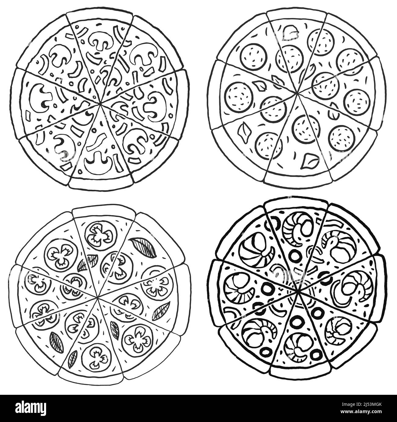 Ensemble de différentes tranches de pizza dessinées à la main simple Doodle style illustration vectorielle Illustration de Vecteur
