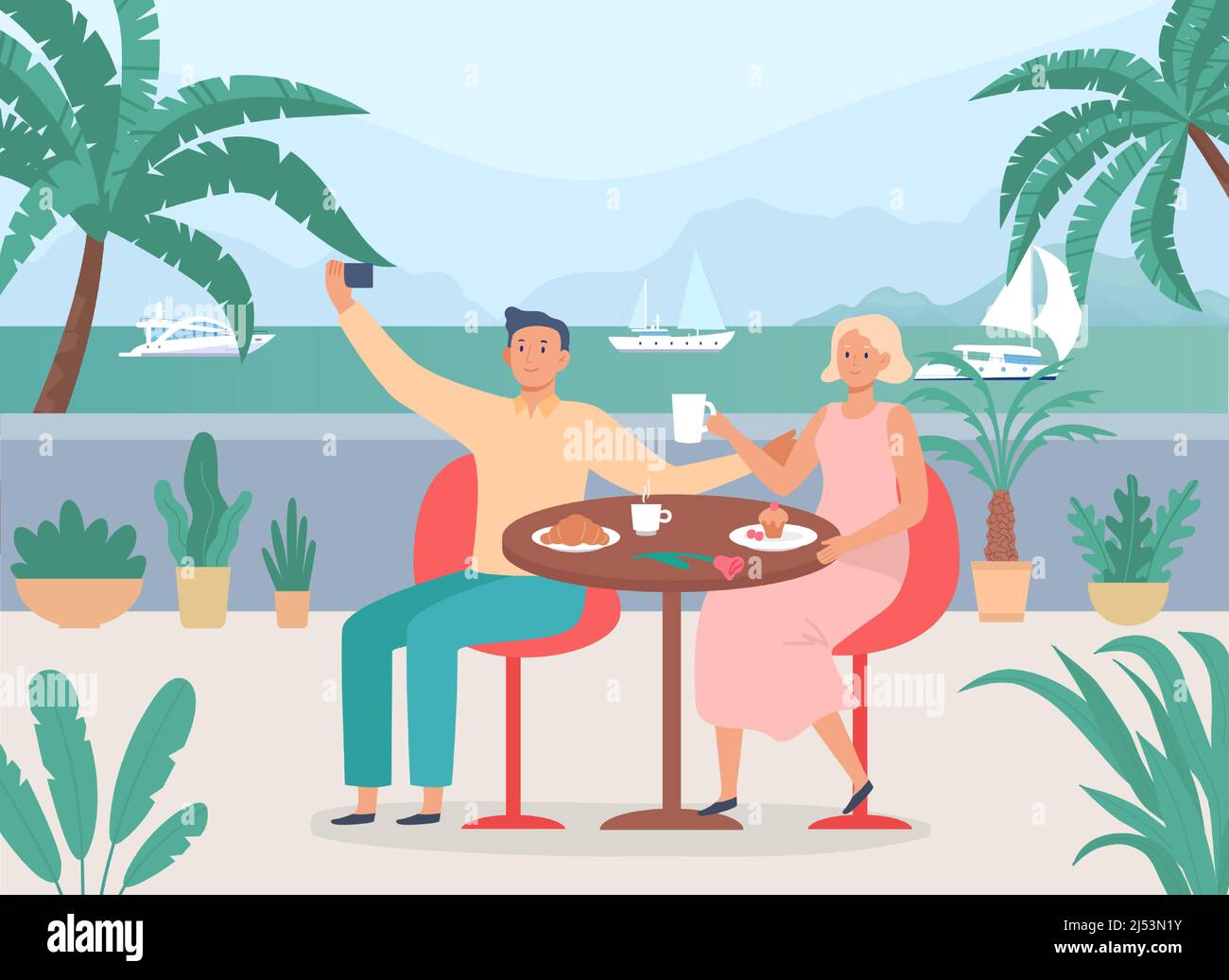 Des gens décontractés et urbains assis dans un café près de la mer Illustration de Vecteur