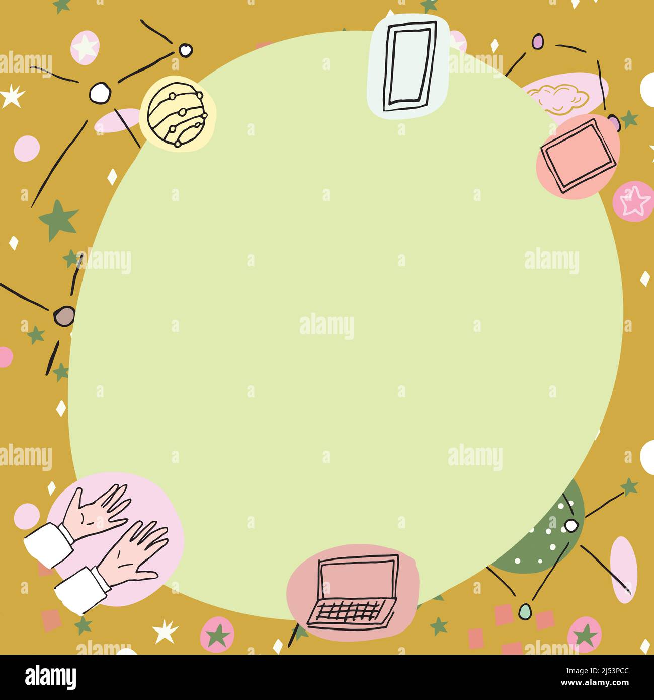 Affiche vierge décorée de symboles technologiques modernes. Cadre vide entouré d'un portable multicolore téléphone mobile représentant la science et Illustration de Vecteur