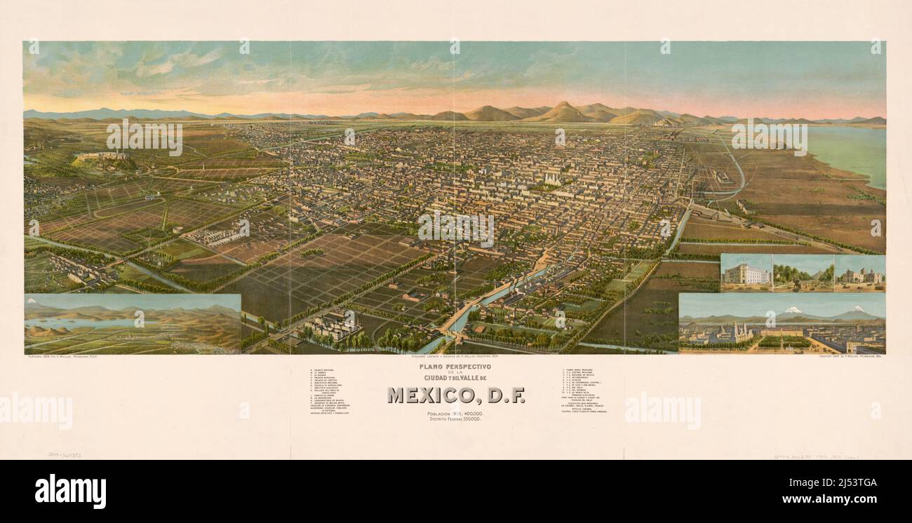 Carte panoramique avec vue aérienne de la ville de Mexico et de la vallée du Mexique en 1906 Banque D'Images