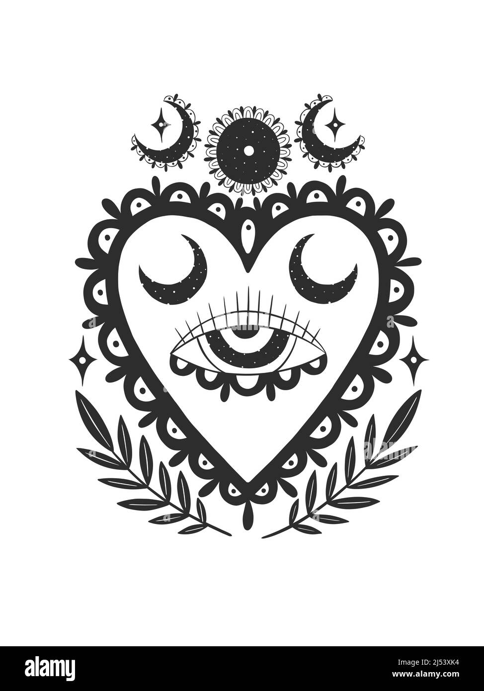 Mystic esthétique coeur sacré de jésus. Main dessiner noir couleur.ésotérique signe alchimie. Illustration de Vecteur