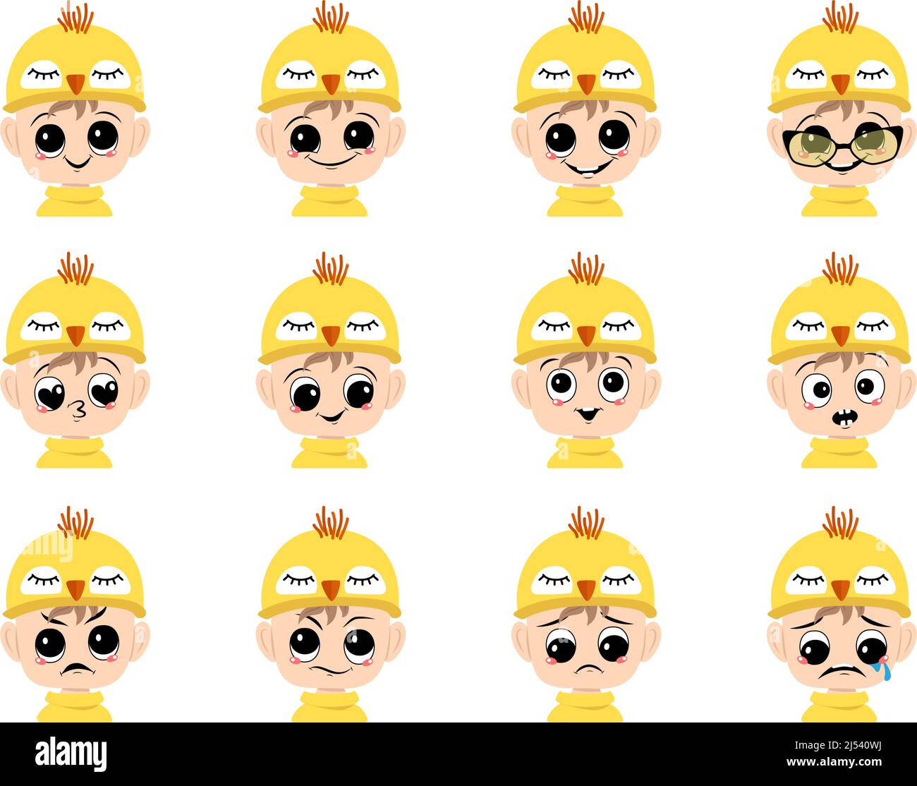 Ensemble d'avatar de garçon avec de grands yeux et un large sourire et différentes émotions dans un joli chapeau de poulet jaune. Tête d'enfant avec le visage heureux pour les vacances Pâques, costume de carnaval pour la fête. Illustration vectorielle plate Illustration de Vecteur