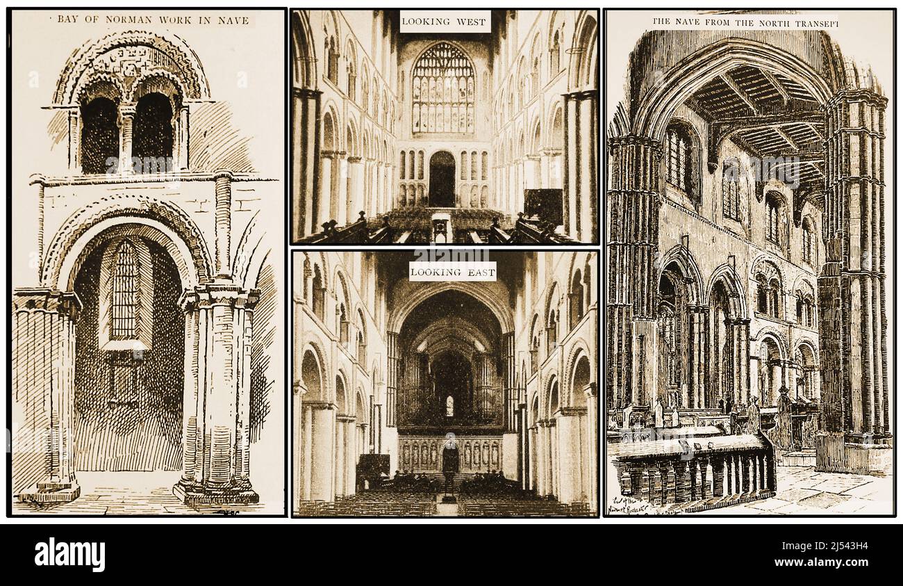 Une ancienne illustration du 19th siècle montrant diverses vues sur la nef à la cathédrale de Rochester, Royaume-Uni Banque D'Images