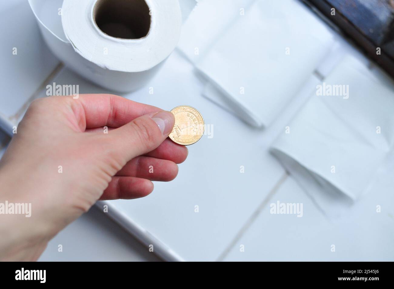 Rouleau de papier toilette blanc et pièce de monnaie hryvnia dorée  ukrainienne. Traduction de Ukrainien :One hryvnia, Ukraine Photo Stock -  Alamy