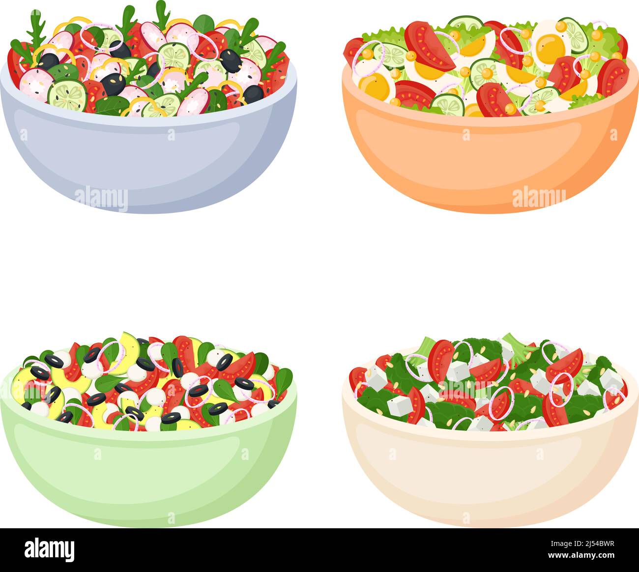 Ensemble de salades faites maison de légumes frais. Une alimentation saine. Repas Vagan et végétarien. Illustration vectorielle Illustration de Vecteur