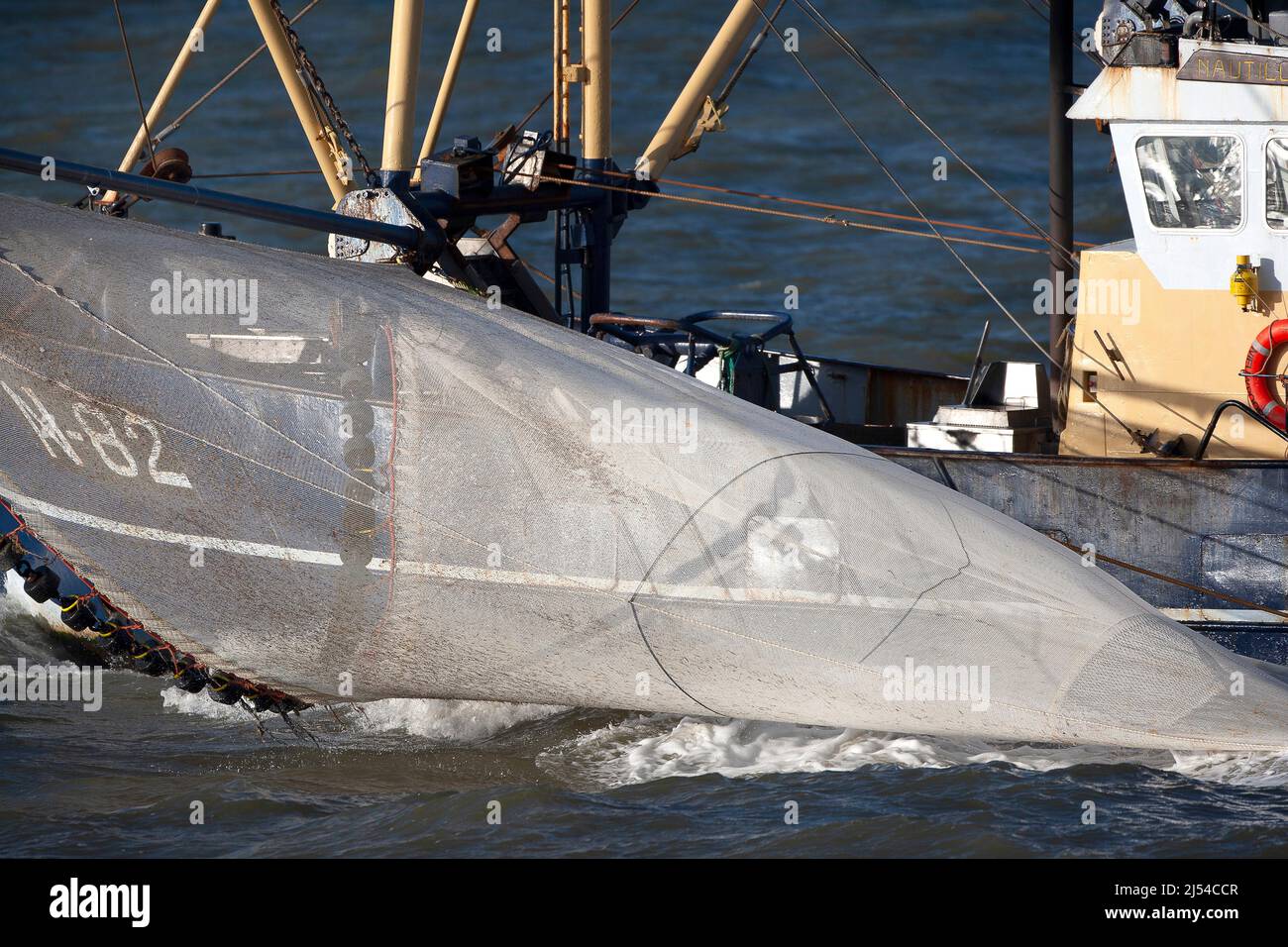 Crevettes en bateau sur la mer du Nord, chalut sur le côté, Belgique, Flandre Occidentale, Nieuwpoort Banque D'Images