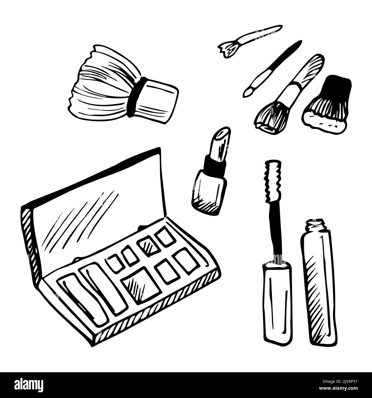 Ensemble de trousses cosmétiques Doodle. Collection de croquis de produits de beauté pour femme. Crème, lotion, shampooing, bâton pour les lèvres, laisses pour les yeux, bouteilles et brosses. Illustration de Vecteur