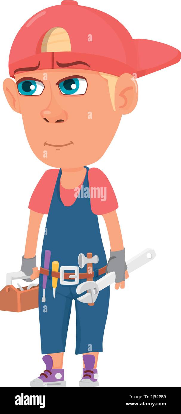 Travailleur de garçon avec boîte à outils dans une combinaison. Mignon dessin animé enfant Illustration de Vecteur