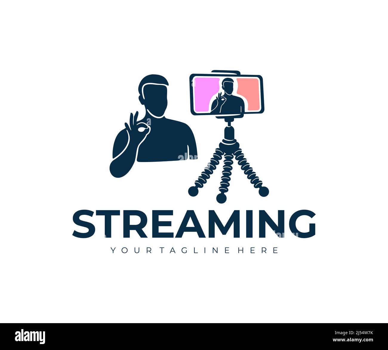 Homme diffusant ou diffusant une vidéo en direct depuis un smartphone, logo. Diffusion de conférences vidéo en direct ou de séminaires en ligne éducatifs, enregistrement de vidéos à domicile, scénario Illustration de Vecteur