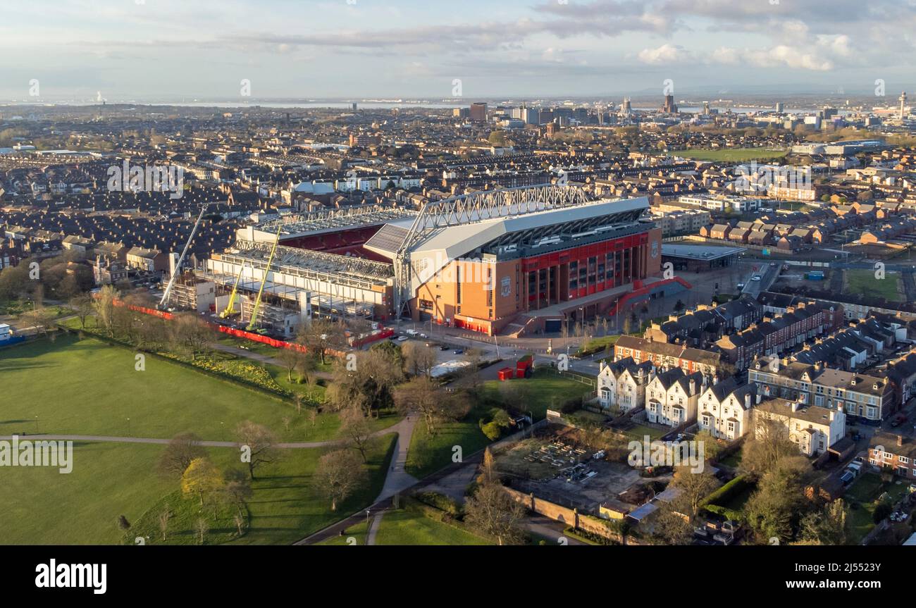 Vue générale de la construction du nouveau stand Anfield Road à Anfield, stade du Liverpool football Club Banque D'Images