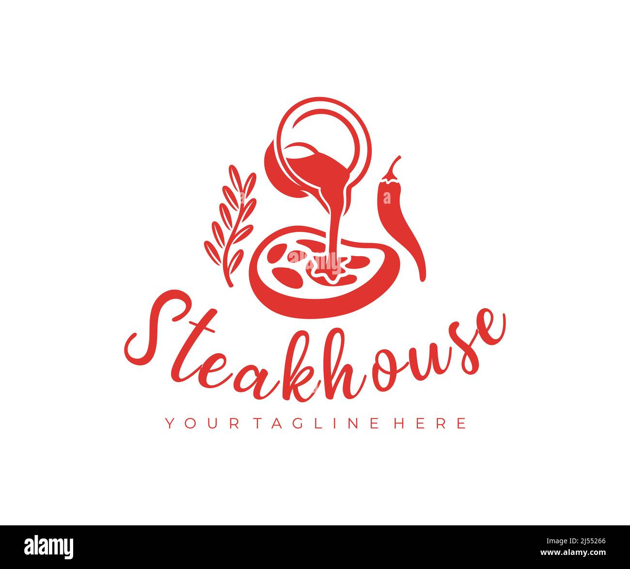 Le steak, le romarin, le poivre et la sauce sont versés à partir du stewpan, logo. Steak House, chophouse, viande, repas et nourriture, dessin vectoriel et illustration Illustration de Vecteur