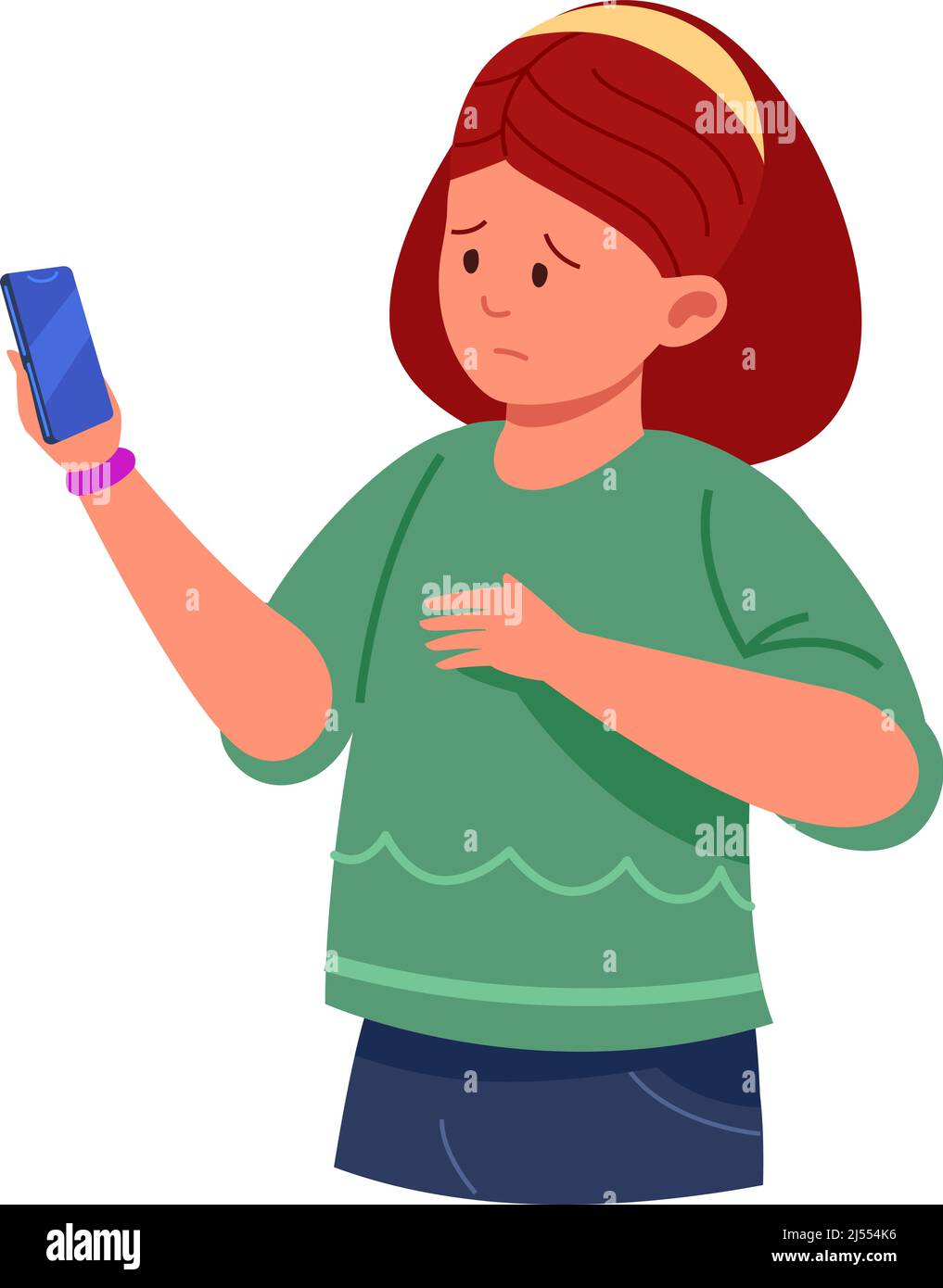 Femme s'inquiète avec le téléphone cellulaire. Triste expression enfant lire chat, illustration vectorielle isolée sur fond blanc Illustration de Vecteur