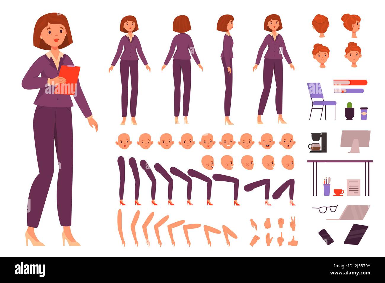 Kit femme d'affaires de dessin animé. Personnage féminin, costume de bureau strict, parties du corps séparées dans différentes positions, diverses émotions, pose constructeur Illustration de Vecteur