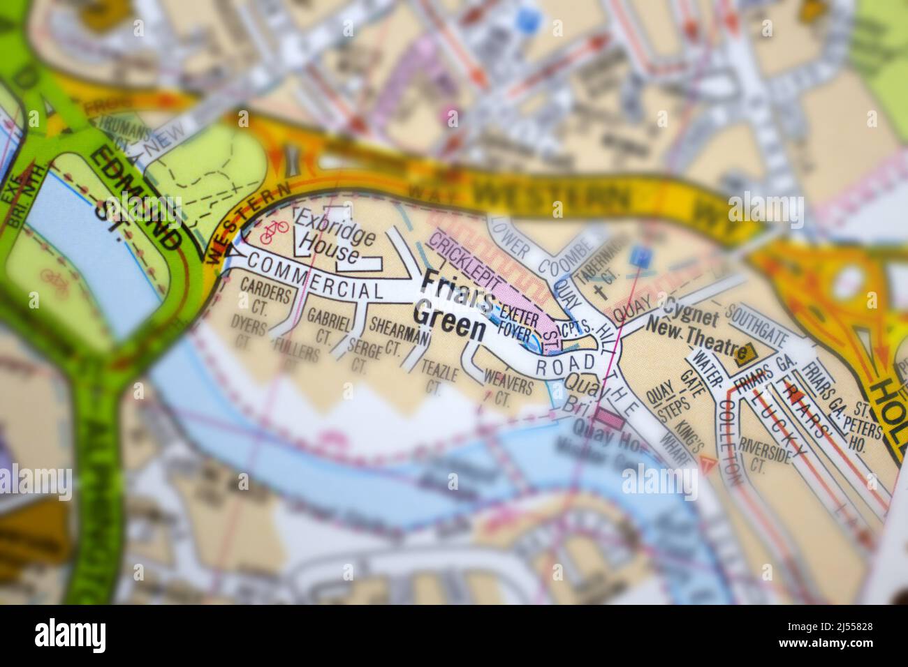 Friars Green - Exeter, Devon, Royaume-Uni couleur atlas carte nom de la ville Banque D'Images