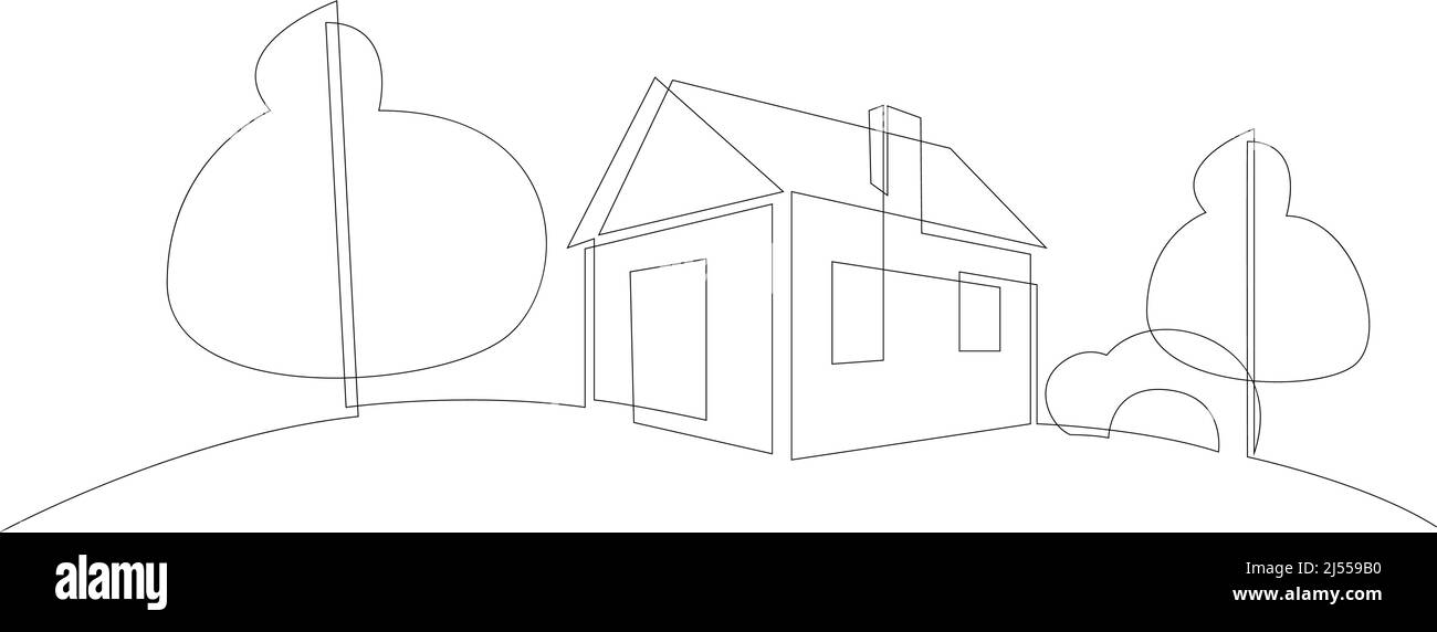 Maison de campagne abstraite dessinée par ligne continue. Maison de famille design linéaire minimaliste. Illustration vectorielle. Noir sur blanc Illustration de Vecteur