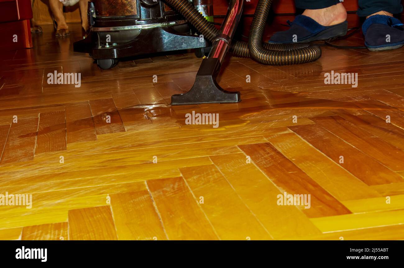 Un aspirateur sur parquet recueille l'eau qui s'est répandue. Et un aspirateur en gros plan. Nettoyage à l'eau du parquet avec un aspirateur moderne Banque D'Images