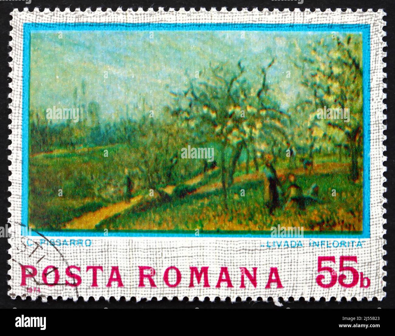 ROUMANIE - VERS 1974: Un timbre imprimé en Roumanie montre Orchard in Bloom, peinture par Camille Pissarro, vers 1974 Banque D'Images