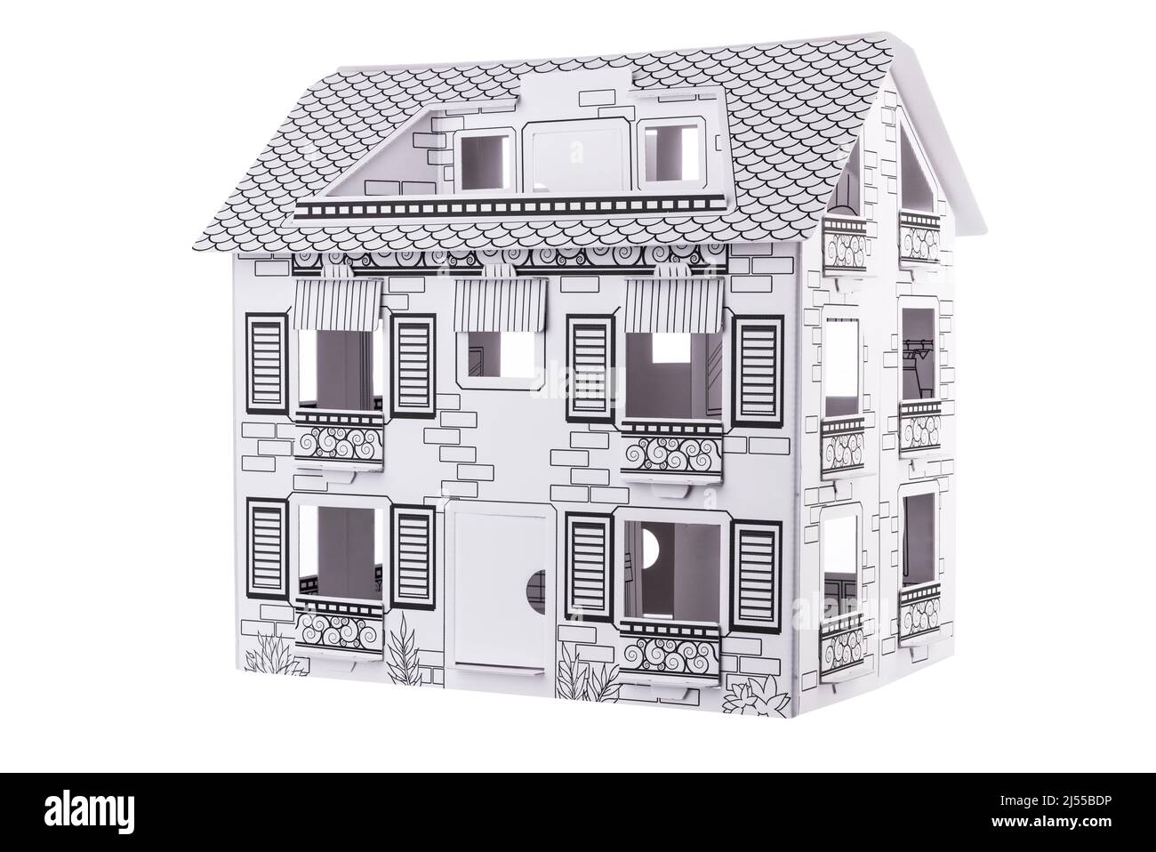 Carton boîte maison, papier maison de poupées bricolage isolé sur fond blanc Banque D'Images