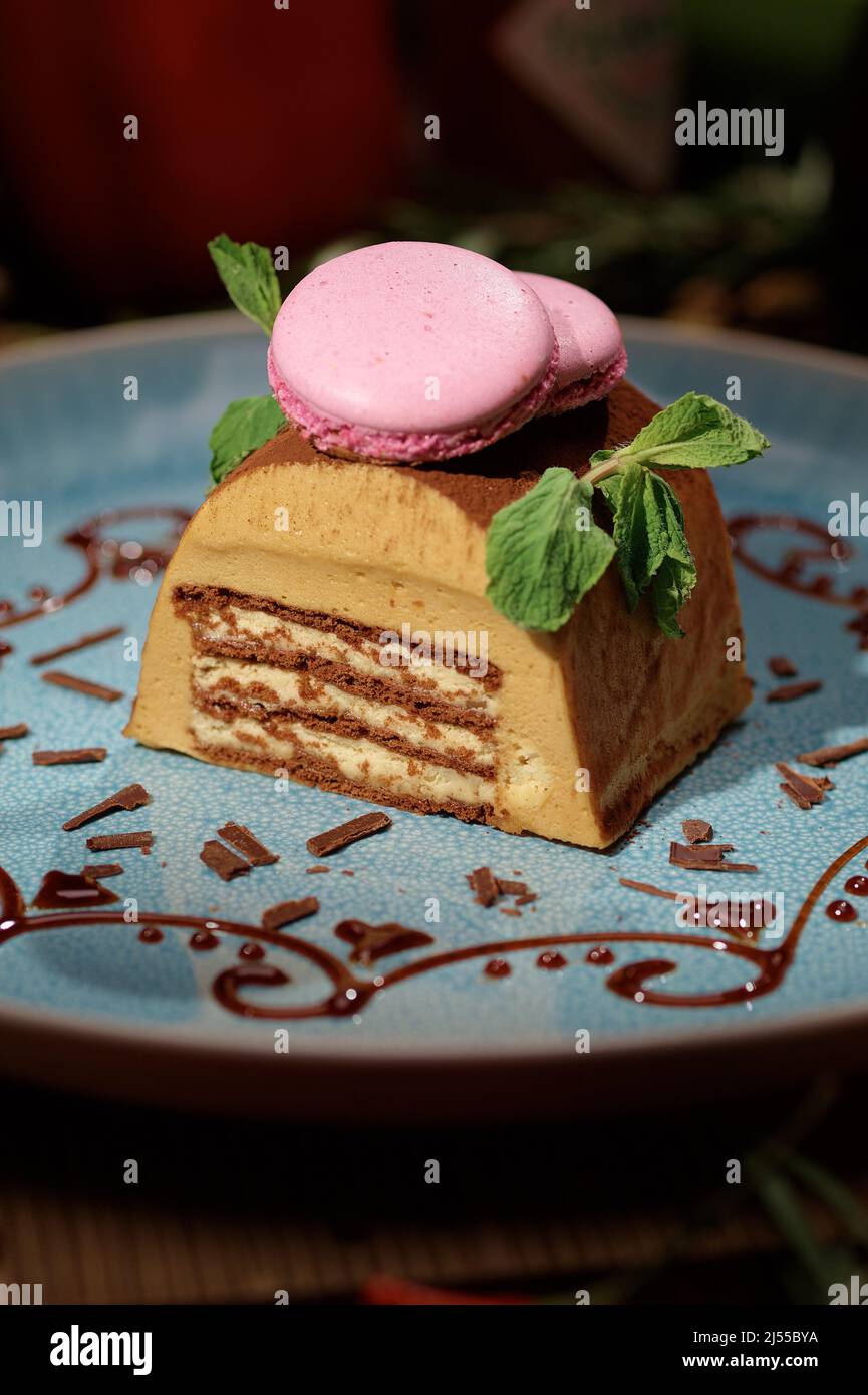 Délicieux gâteau au chocolat sur l'assiette, décoré de feuilles de menthe fraîche et de macaron rose. Banque D'Images