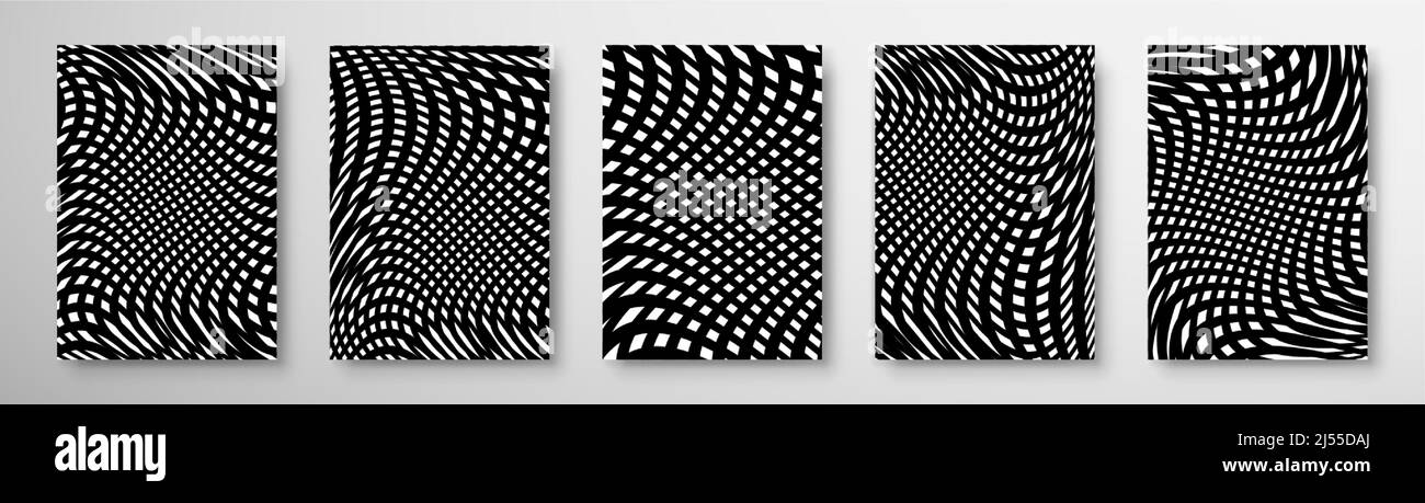Définir la couverture arrière-plan art optique. Bannière noire à rayures ondulées. Lignes psychédéliques. Motif abstrait. Texture avec des courbes strippées ondulées. Wave noir blanc Illustration de Vecteur