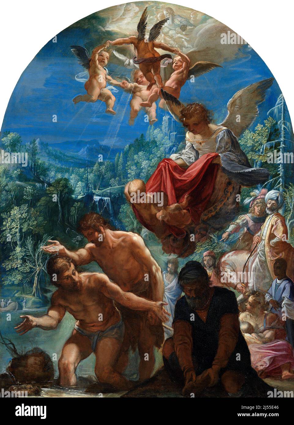 Le Baptême du Christ par Adam Elsheimer (1578-1610), artiste baroque ancien allemand, huile sur cuivre, c. 1599 Banque D'Images