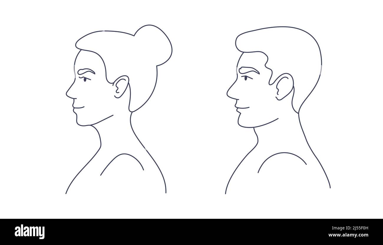 Silhouette femelle et mâle, profil avec ligne noire isolée sur fond blanc. Illustration de Vecteur