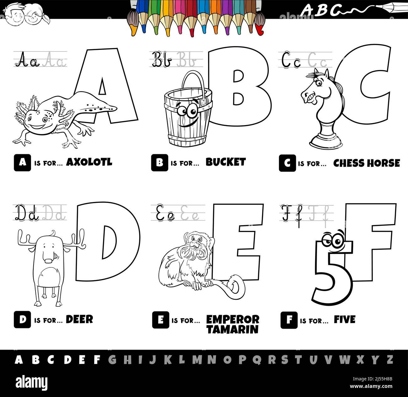Dessin animé noir et blanc représentant des lettres majuscules de l'alphabet kit éducatif pour la pratique de la lecture et de l'écriture pour les enfants de Couleur a à F Illustration de Vecteur