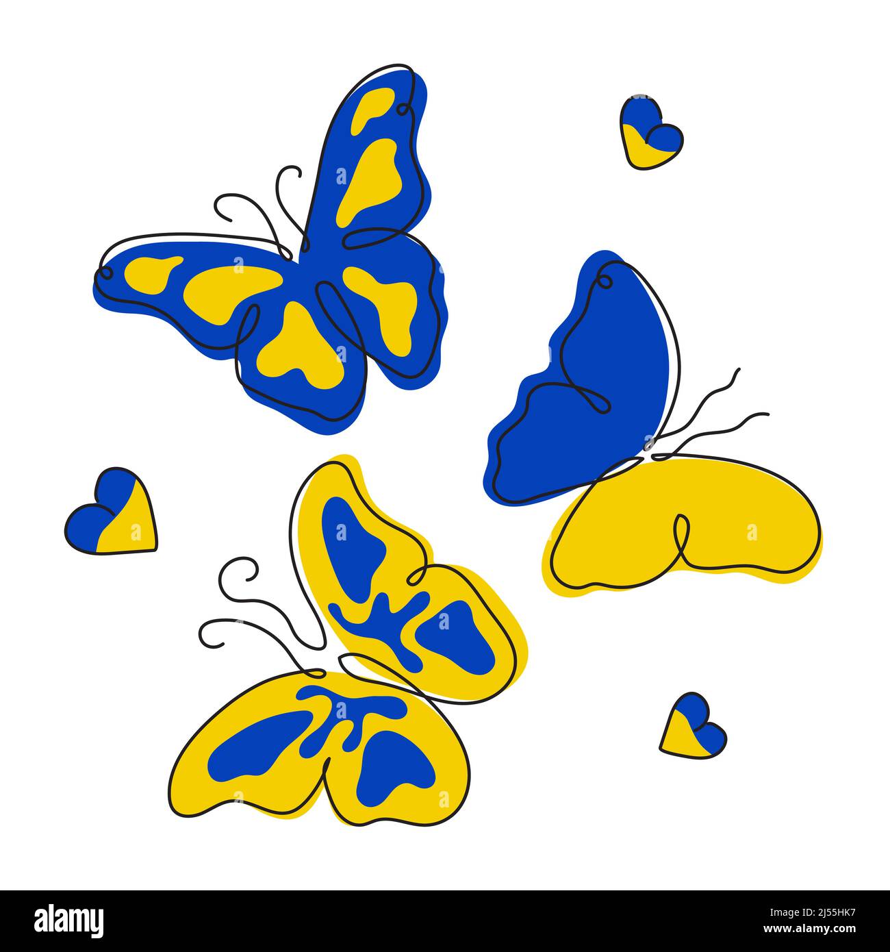Illustration vectorielle avec des papillons et des coeurs de nationalité drapeau ukrainien de couleur. Politique mondiale, PAS DE GUERRE, agression problème image en continu Illustration de Vecteur