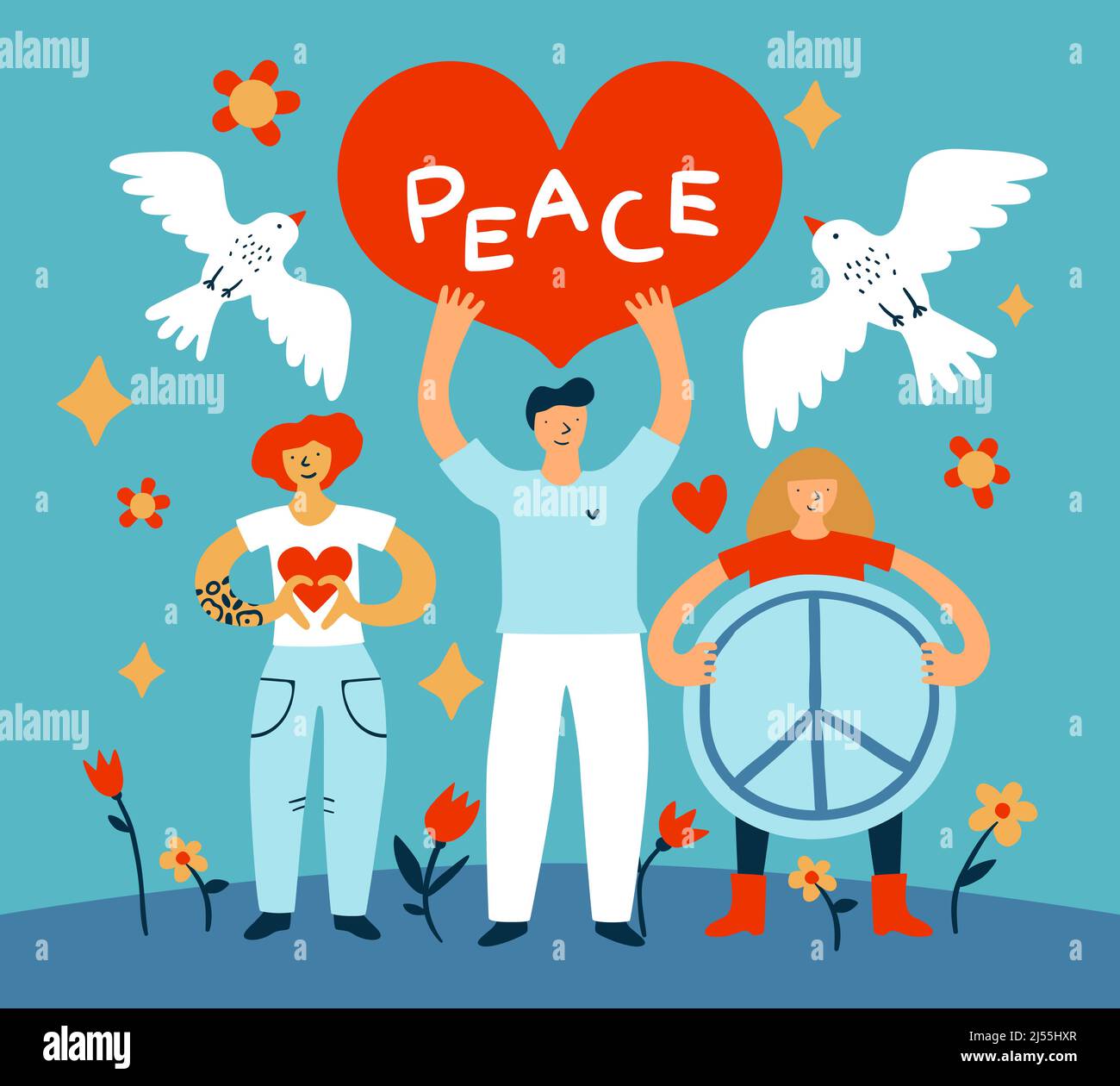 Affiche des gens de la paix. Personnages heureux avec des symboles pacifiques entre les mains. Bannière d'arrêt de guerre. Grand coeur et enseigne hippie. Oiseau volant. Fleurs et pigeons Illustration de Vecteur