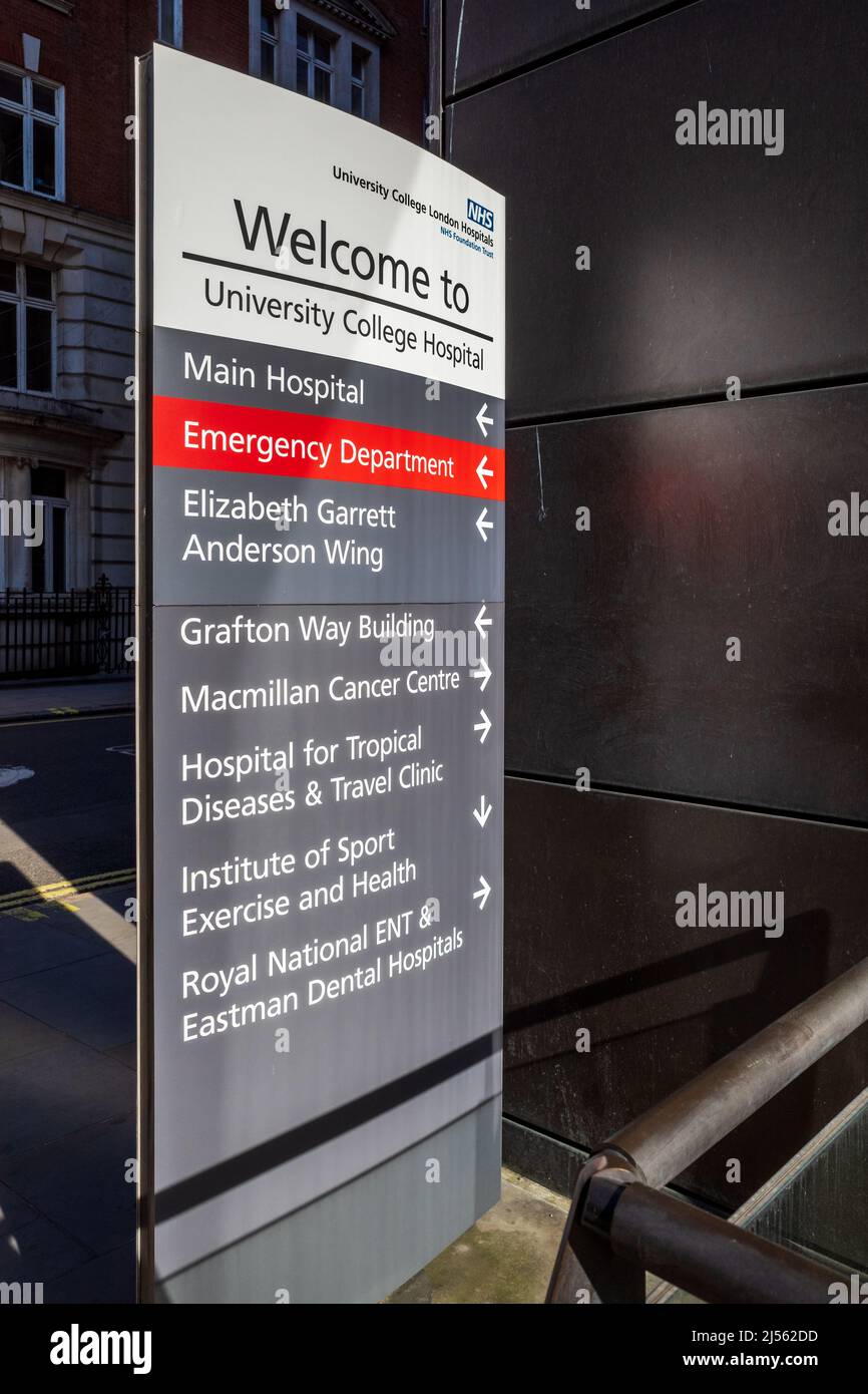 L'University College Hospital de Londres Londres - UNITÉ CENTRALE HABITACLE. Panneau à l'entrée de l'hôpital University College London Central Euston Road Banque D'Images
