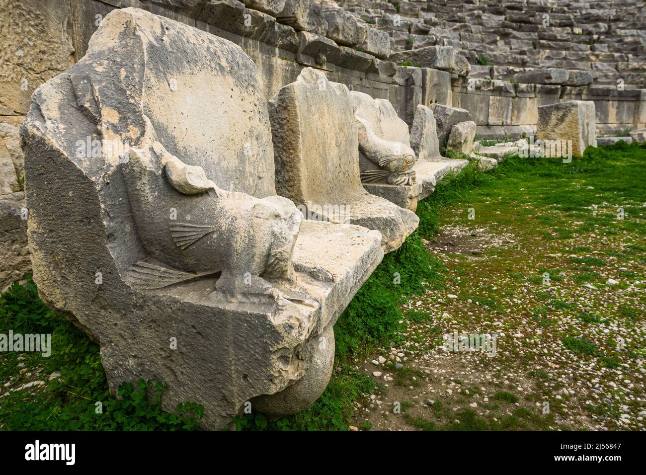 Anciennes rangées de sièges avec ornements de poisson dans la ville antique de Myra. Demre, Antalya, Turquie Banque D'Images