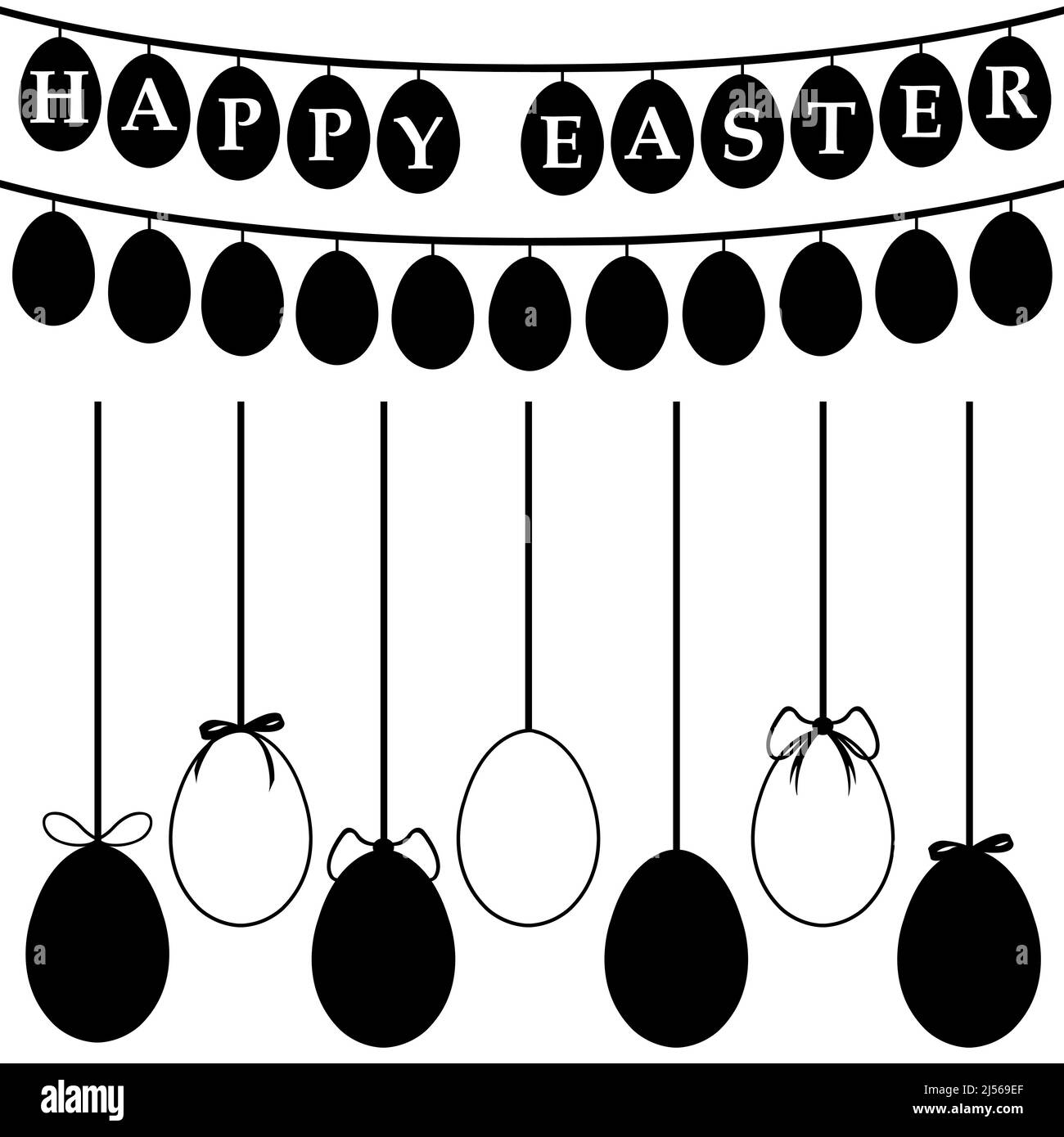Illustration de différents oeufs de Pâques sur des cordes isolées sur blanc Banque D'Images