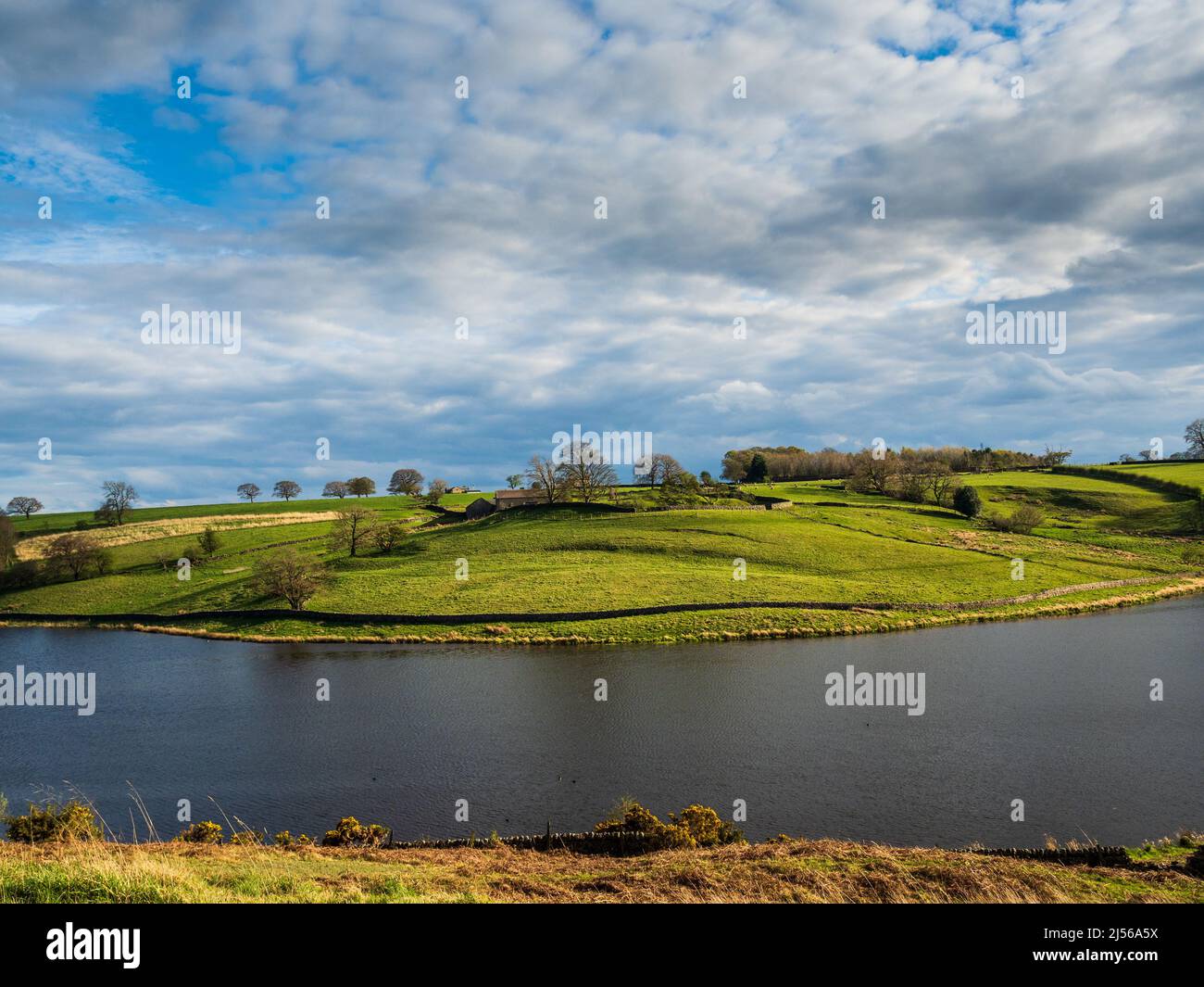 Réservoir John O' Gaunt à Niddoyre, dans le Yorkshire. Un bel après-midi de printemps et la vue est belle avec des murs de pierre sèche et des oiseaux sauvages. Banque D'Images