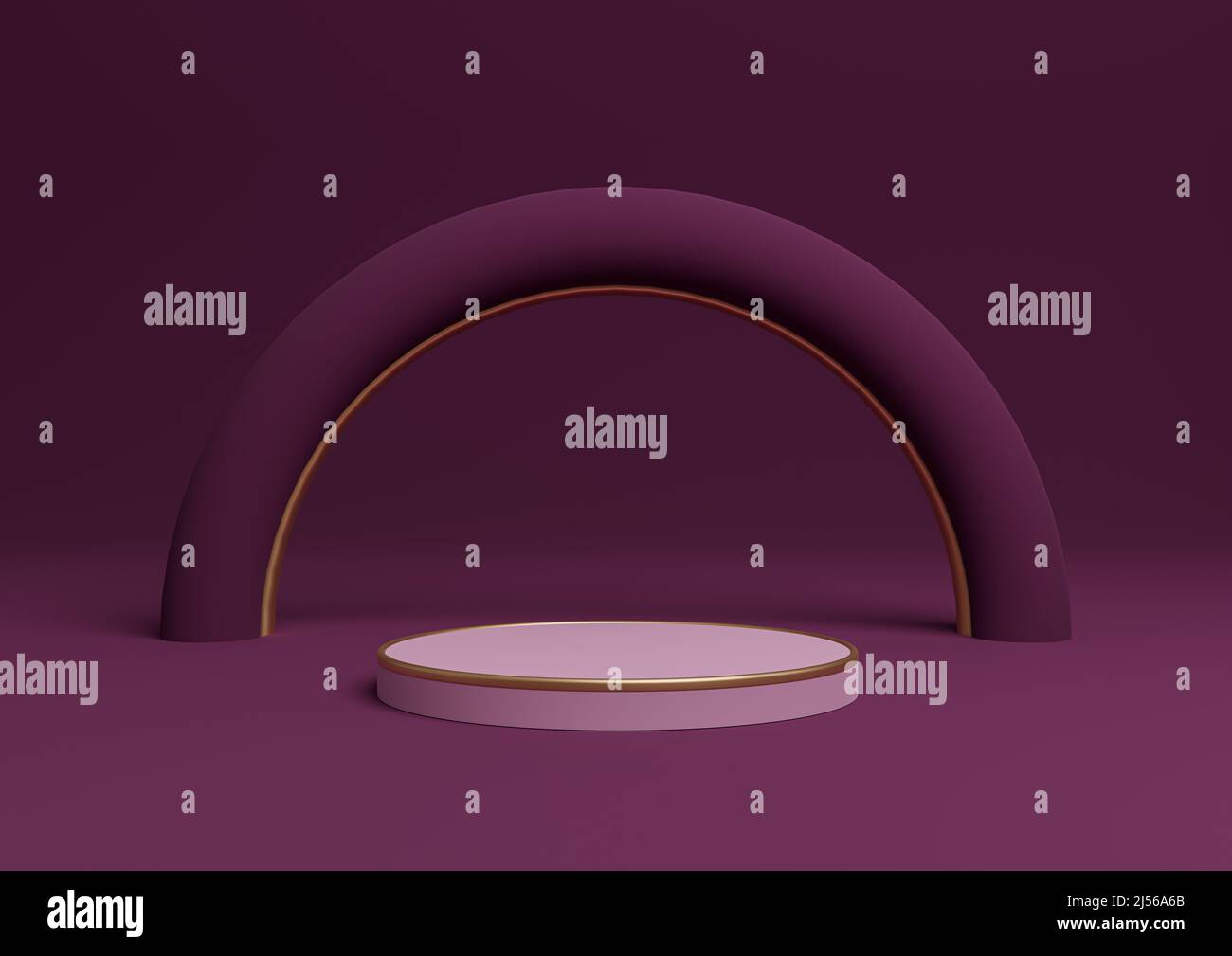 Magenta foncé, violet 3D rendu simple produit affiche cylindre podium ou stand avec des lignes dorées composition minimale avec une arche géométrique et lux Banque D'Images