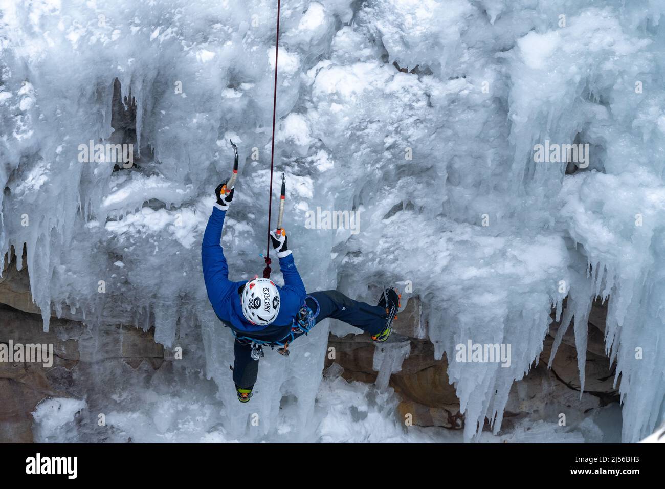 Un grimpeur à glace pèse un mur de glace de 100 pi de haut avec des haches de glace et des crampons sur ses bottes dans le parc de glace d'Ouray, Colorado. Banque D'Images