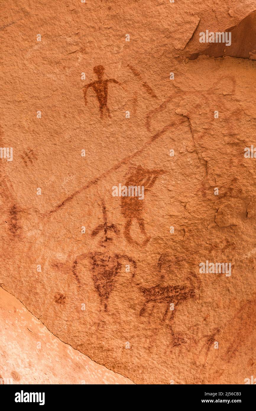 Un panneau d'art rupestre avec des images de Kokopelli, le flûte, d'autres figures et animaux anthropomorphes. Montezma Canyon, Utah. Banque D'Images