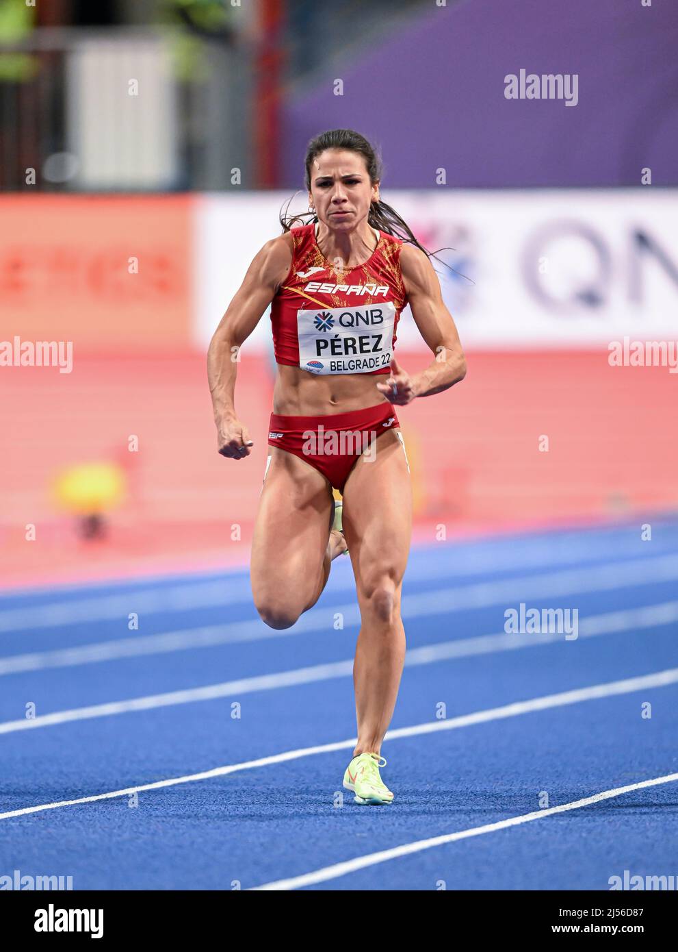 Maria Isabel Perez participant aux Championnats du monde en salle de Belgrade 2022 dans les 60 mètres. Banque D'Images