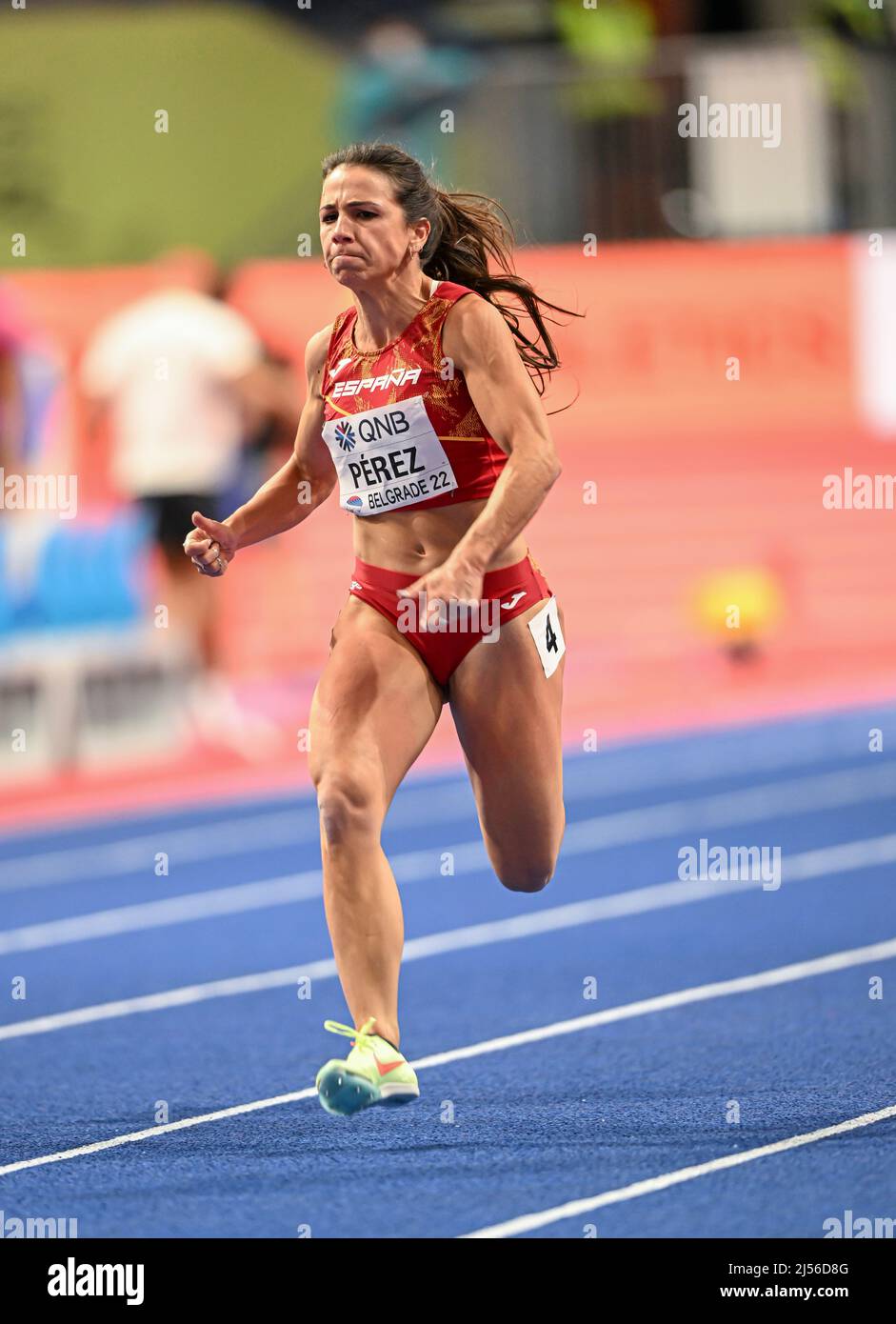 Maria Isabel Perez participant aux Championnats du monde en salle de Belgrade 2022 dans les 60 mètres. Banque D'Images