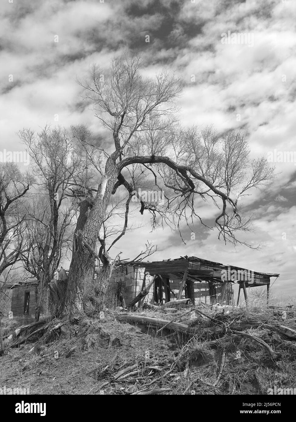 Des bâtiments abandonnés abandonnés le long de la route 24 des États-Unis près de Gettysburg, Kansas, montrent les effets de la négligence et du temps. Banque D'Images