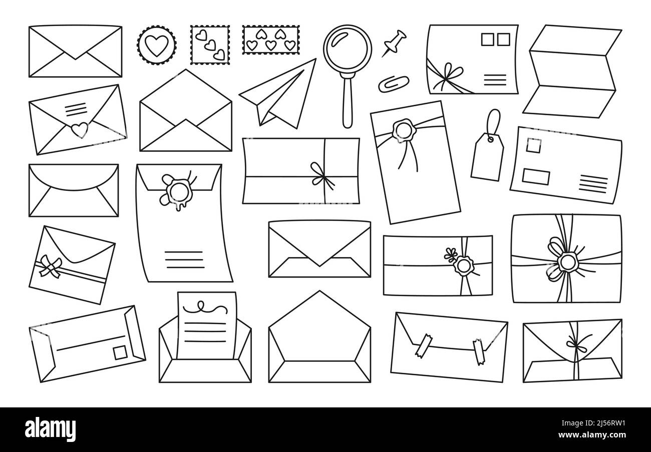 Enveloppe postale, cachet de la poste et ensemble de caniche de carte postale. Main, scrapbook ligne artisanat papier lettre, cartes papeterie et loupe, cachet de poste. Collection de dessins animés des services de courrier et de courrier Illustration de Vecteur