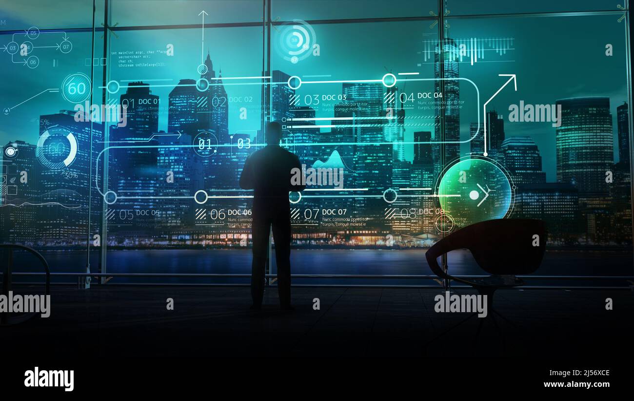 Homme d'affaires au bureau sur le fond de l'infographie, rendu 3D. Banque D'Images