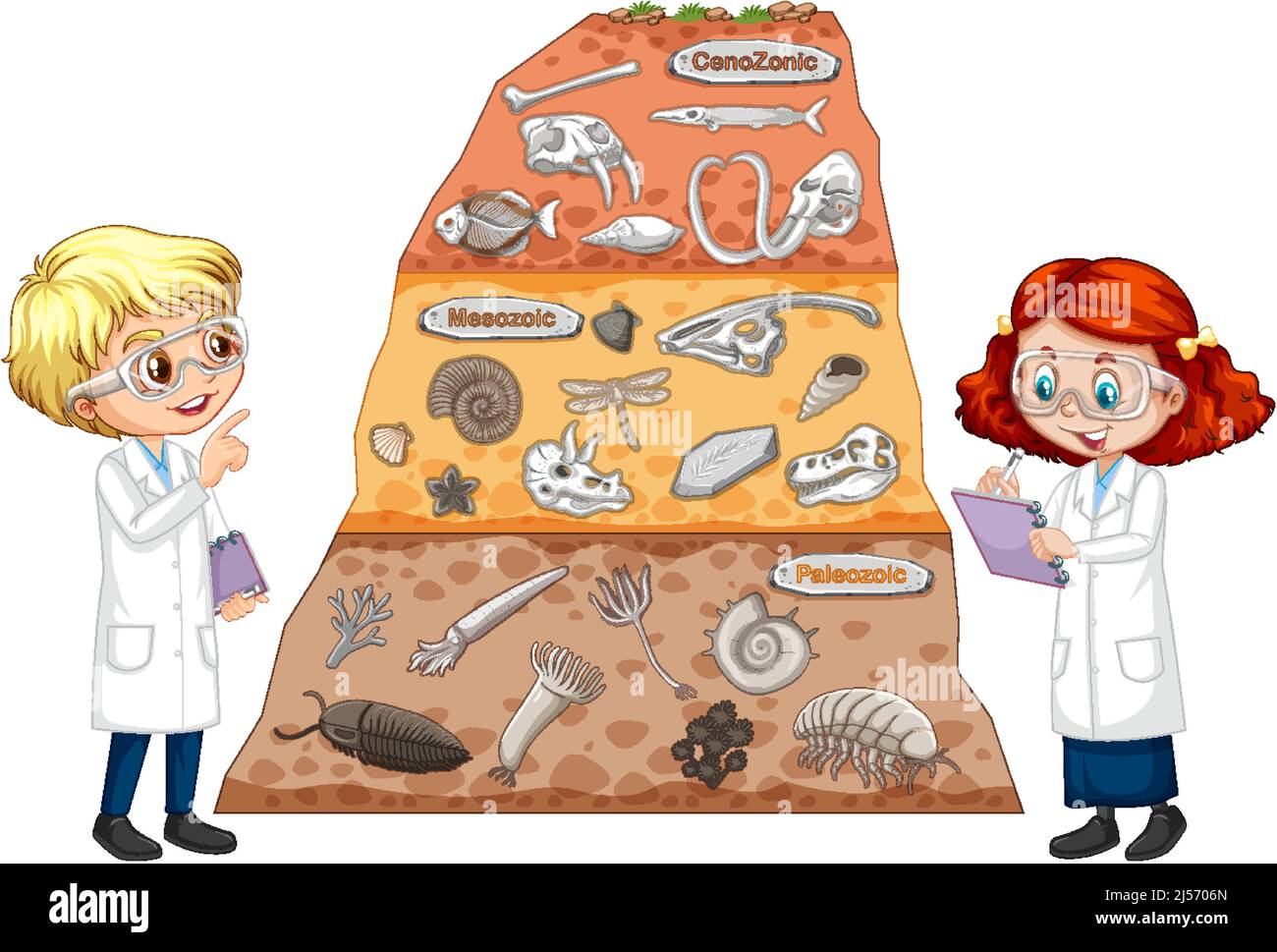 Fossile dans les couches de sol avec l'illustration de personnage de dessin animé d'enfants Illustration de Vecteur