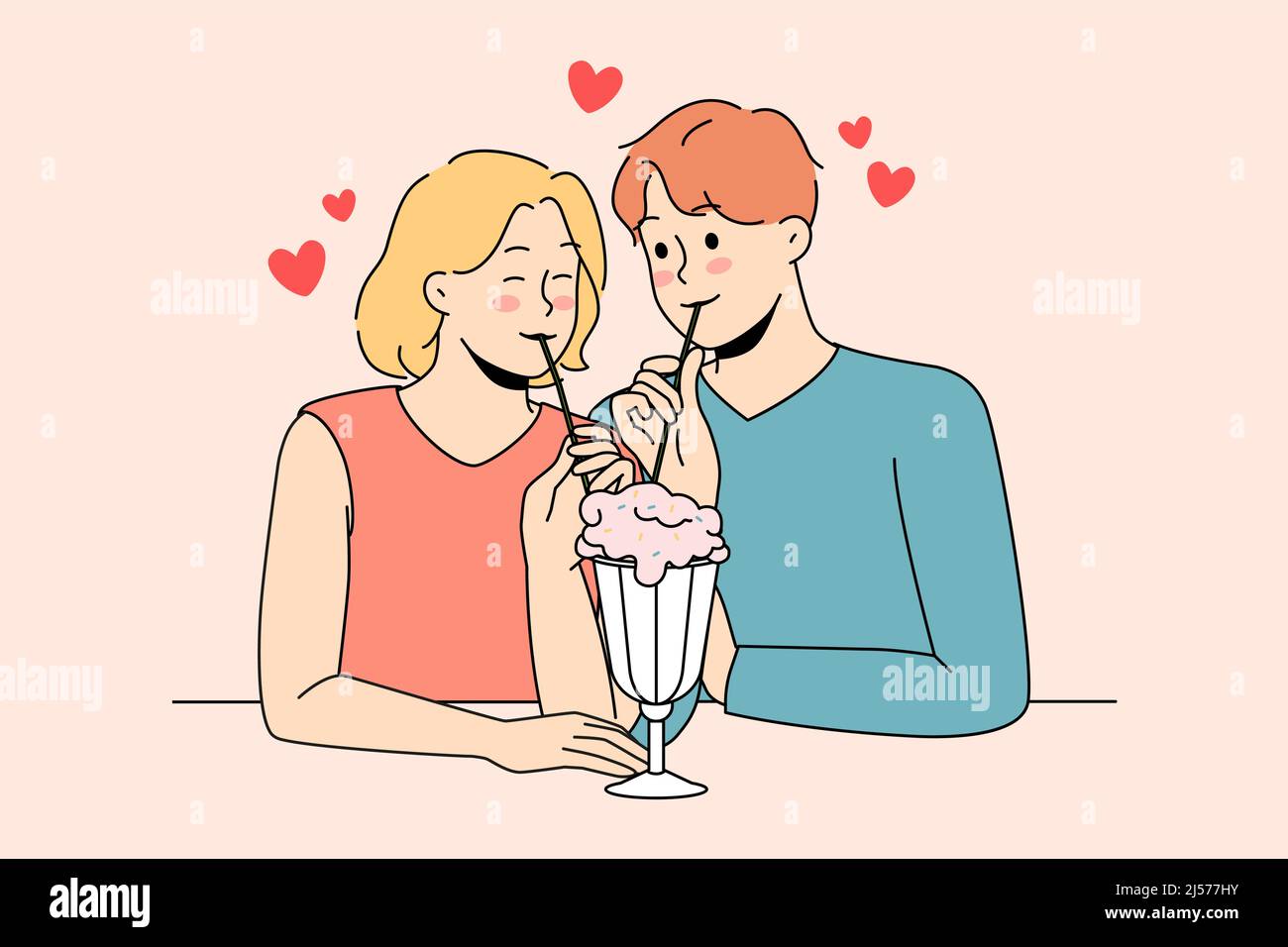 Un jeune couple heureux, amoureux, assis à la table, se secoue ensemble. Homme et femme souriants Profitez d'un séjour romantique au café. Manger dehors. Concept de relations. Illustration vectorielle. Illustration de Vecteur