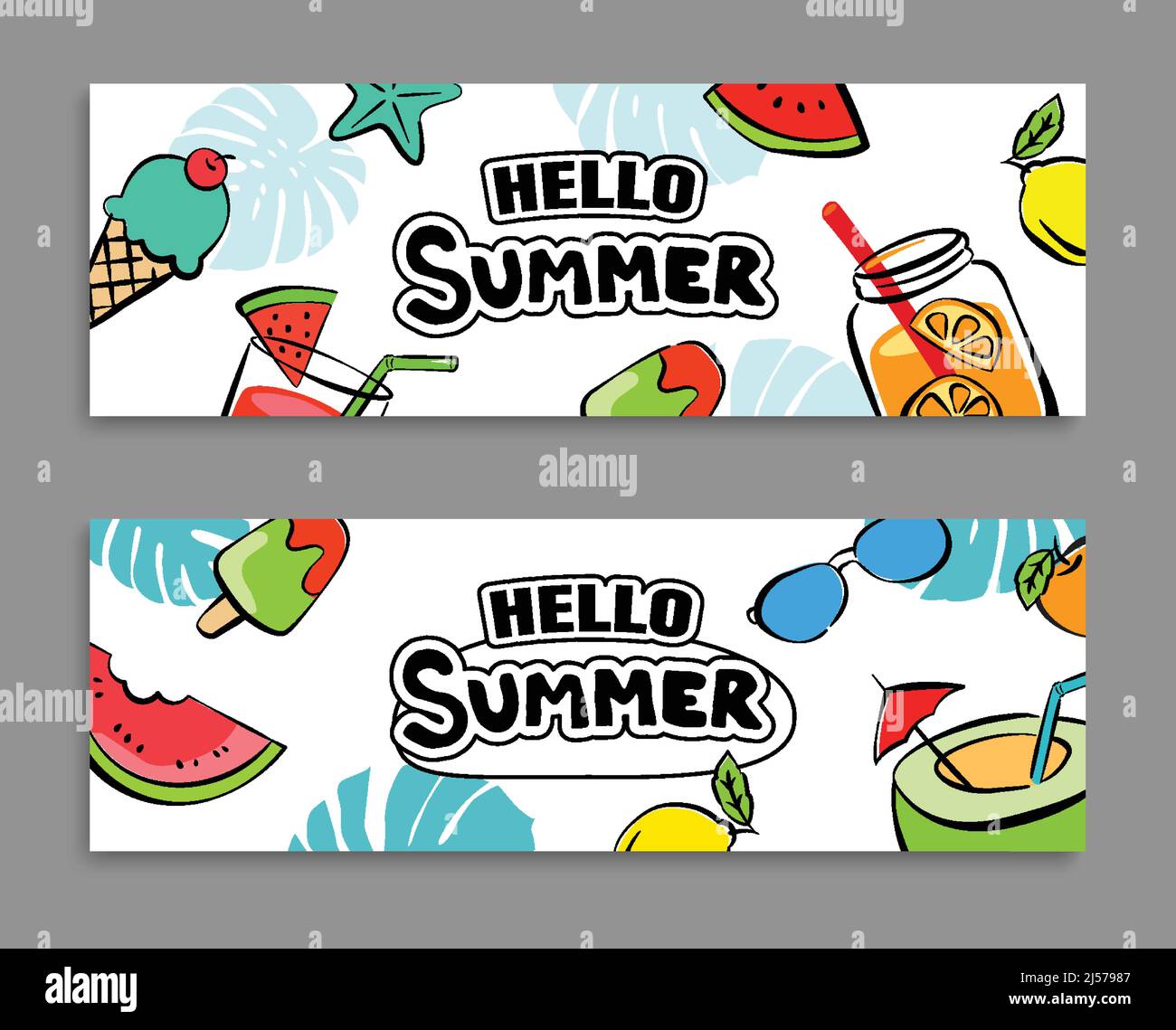 Hello Summer bannières design main dessiné style. L'été avec des gribouillages et des objets pour la fête sur la plage. Illustration de Vecteur