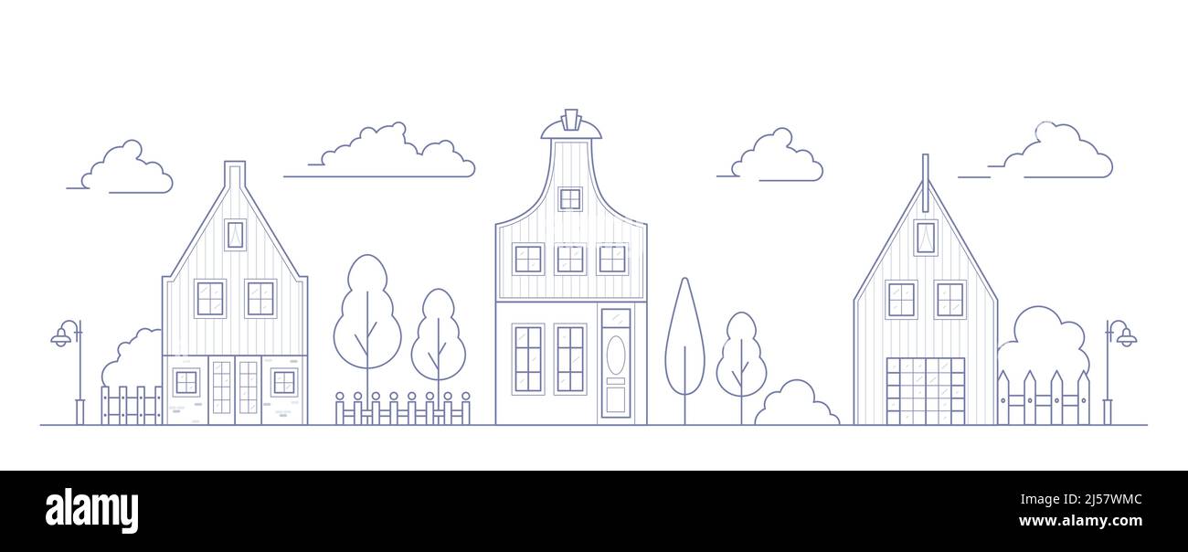 Maisons de quartier d'Europe.Pays-Bas avec des maisons confortables.Façades de vieux bâtiments traditionsl aux pays-Bas. Paysage vector Illustration de Vecteur