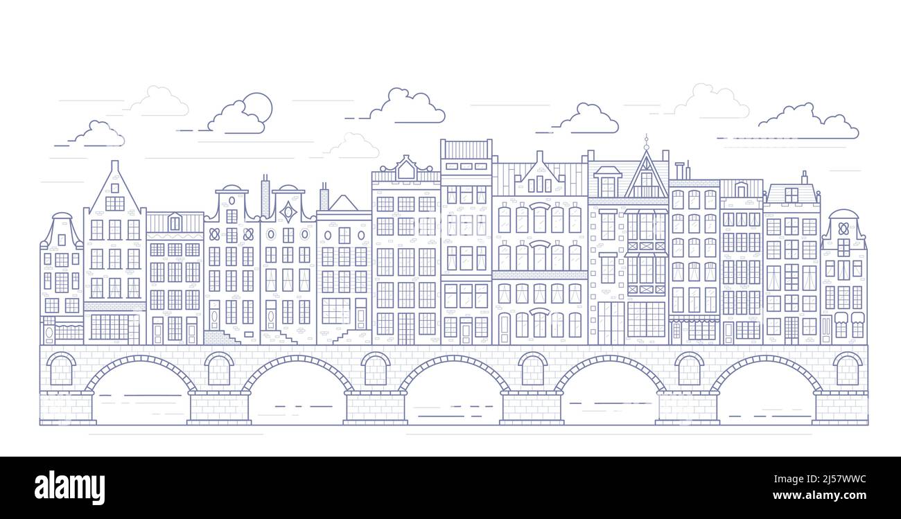 Maisons de style ancien d'Amsterdam.Maisons typiques des canaux hollandais bordées près d'un canal aux pays-Bas.Bâtiment et façades sur le pont.Contour vectoriel Illustration de Vecteur