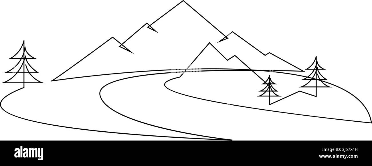 Paysage de montagne avec rivière et sapins. Mise en plan d'une ligne continue minimaliste. Graphiques de voyage. Illustration vectorielle. Noir sur blanc Illustration de Vecteur