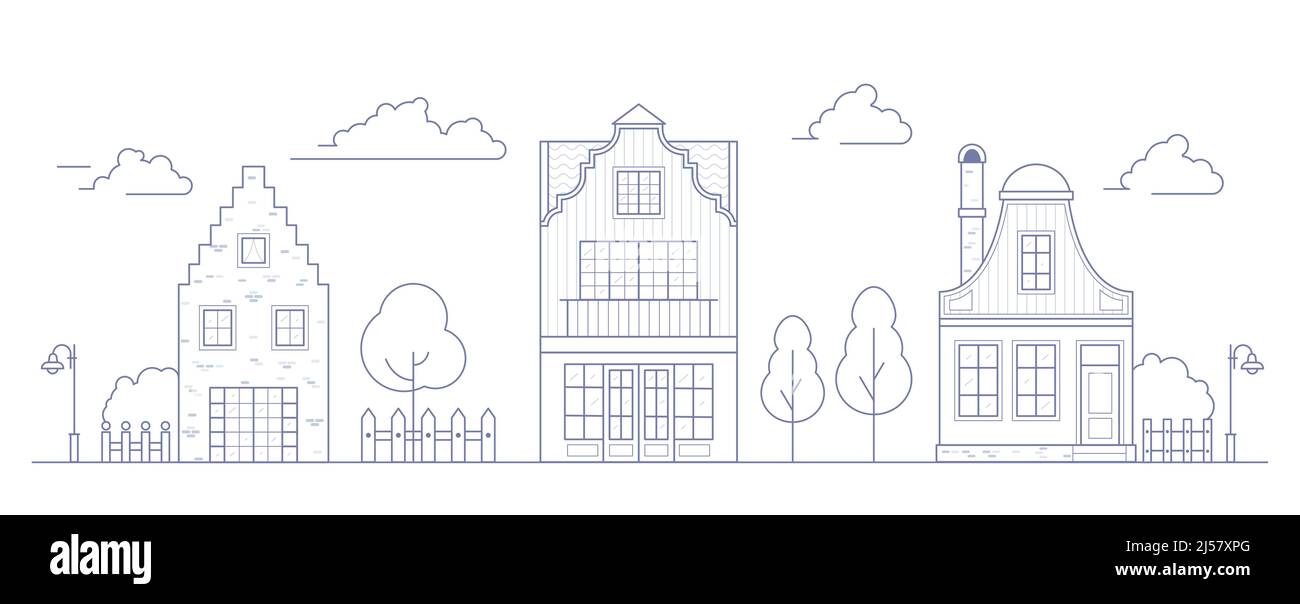 Maisons de quartier d'Europe.Pays-Bas avec des maisons confortables.Façades de bâtiments traditionnels anciens aux pays-Bas.Illustration vectorielle. Illustration de Vecteur