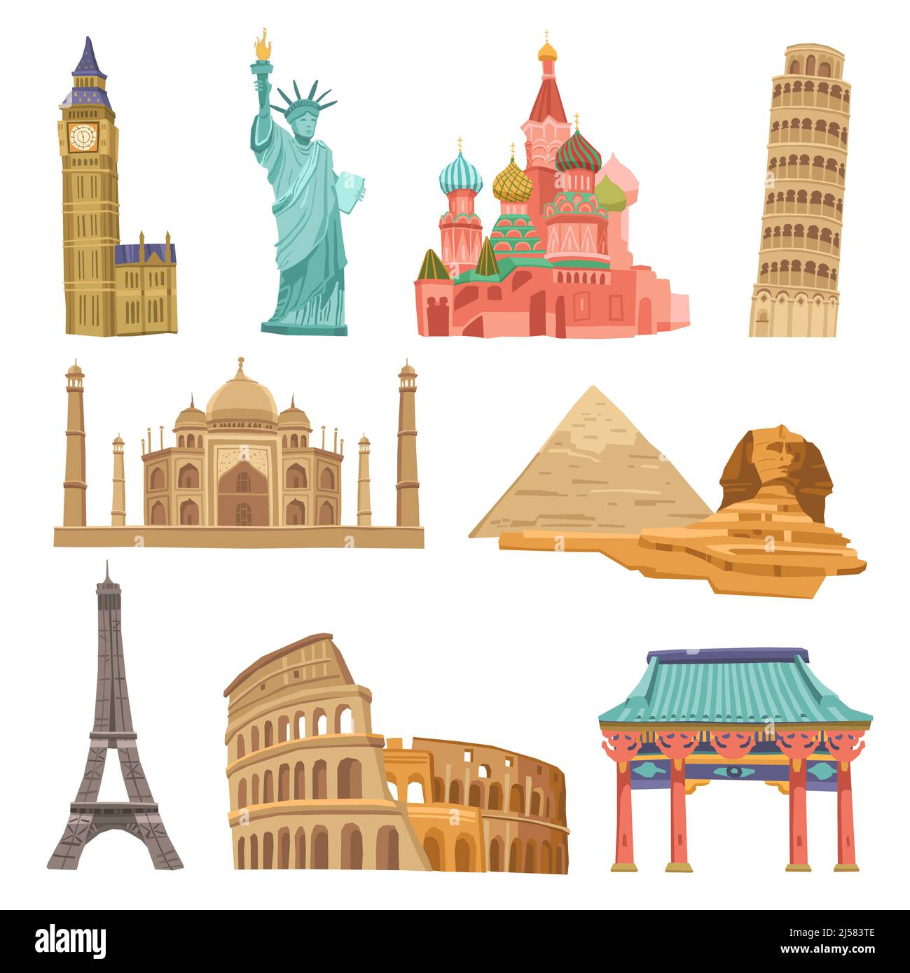 Monuments du monde plat icônes décor avec colosseum taj mahal illustration vectorielle isolée de la tour de pise Banque D'Images